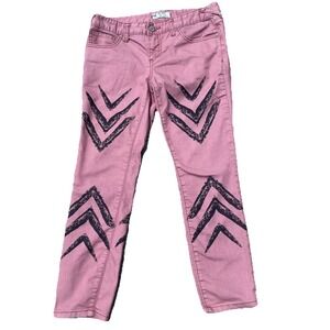 Free People Tribal‎ Aztec Boho Pink Rose Denim Skinny Pants Size 28x27